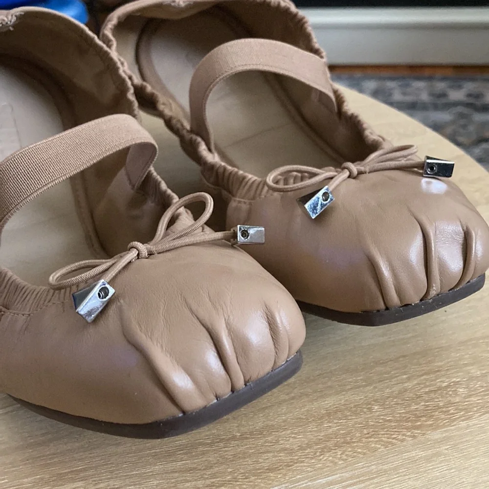 Schutz Fanny Leather Ballet Flats Tan Nude Brown Strap Scrunchy size 8 - Picture 3 of 8
